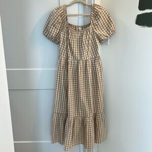 J.Crew Tan and White Gingham Puff Sleeve Tiered Midi Dress